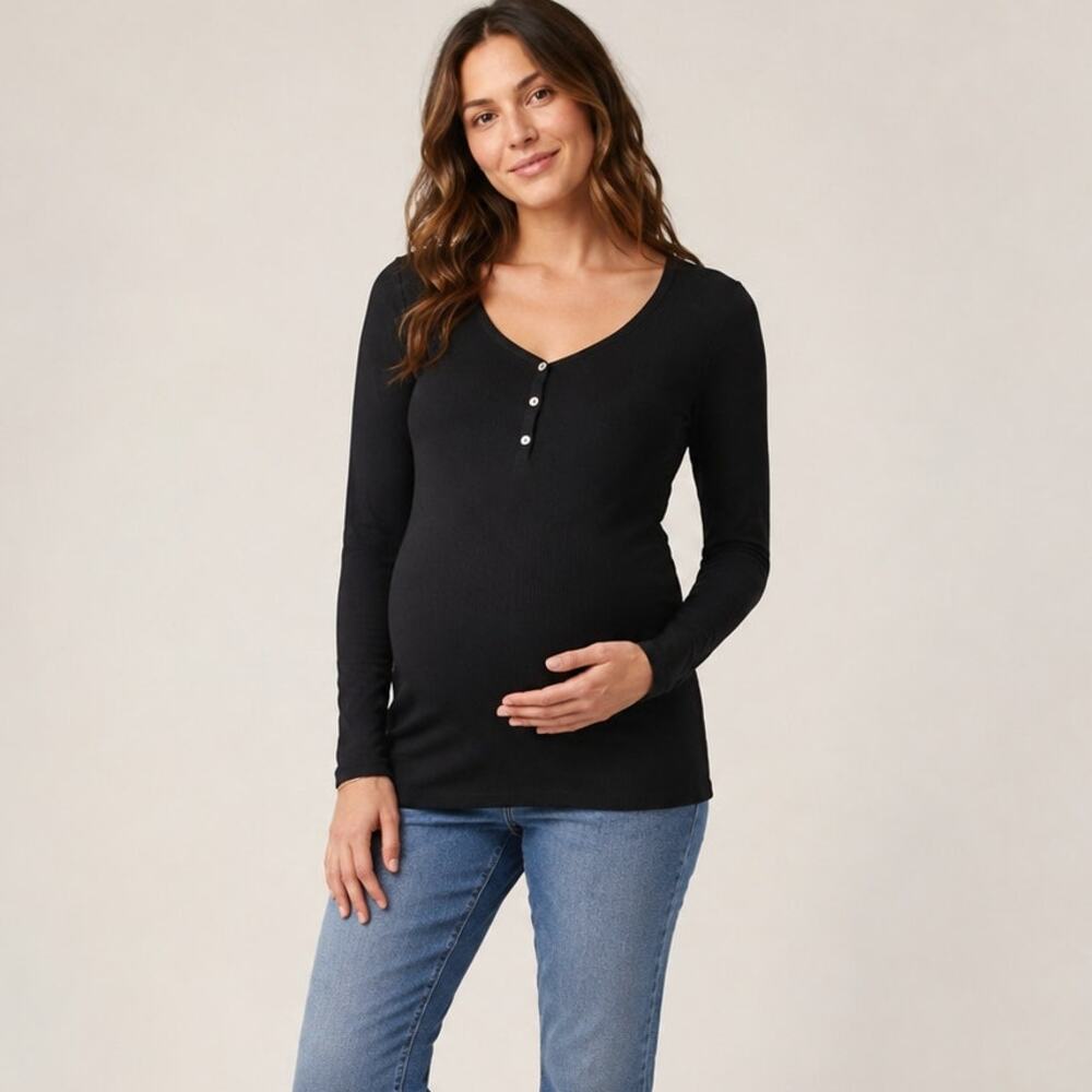 HATCH Collection The Rib Maternity Nursing Friendly Henley in Black sz 0
